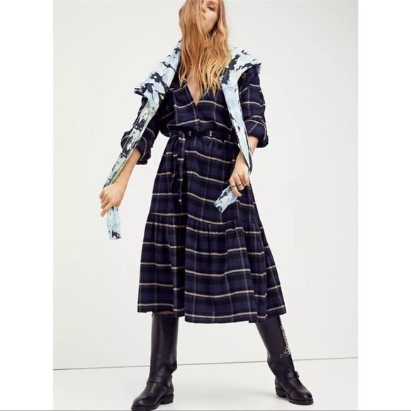 Free People X Closed Blue Flannel Johenna Midi Dress NWT 100% Cotton - Picture 8 of 10